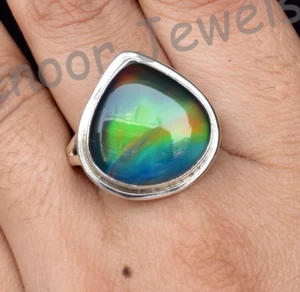 Aurora Opal Heart Shape 925 Sterling Silver Ring Size 11.50 Gift Beautiful Ring - Picture 1 of 9