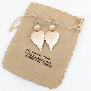 Giovanni APA Made in Italy Pearl and Shell Vintage Leaf Pierced Dangle Earrings - Picture 1 of 3