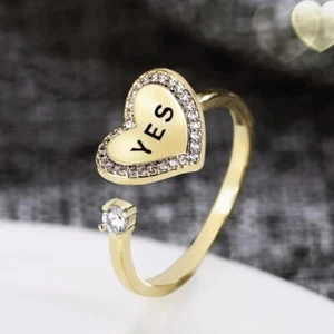 18K Yellow Gold Filled White Simulated Crystal Heart Word "Yes" Adjustable Ring - Picture 1 of 4