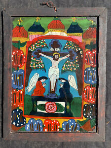 antique icône verre orthodoxe roumaine icon glass Romania Maramures crucifixion