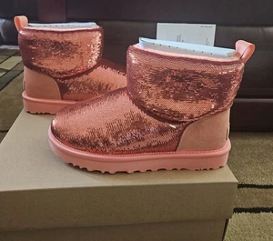 UGG CLASSIC MINI MIRROR BALL STARFISH PINK SEQUIN SUEDE WOMEN'S BOOTS SIZE US 8 - Picture 1 of 8