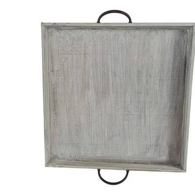 Ein  quadratisches, grauer Holztablett mit schwarzen Metallgriffen - Bild 1 von 3