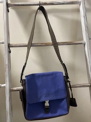 Bolso Bandolera Bolso Mensajero Vintage Prada Azul Lona Marrón Cuero Hebilla Solapa Foto 1 de 4