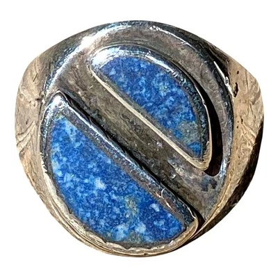VTG STERLING SILVER EAGLE MARK TAXCO SIGNET BIKER STYLE RING LAPIS MEXICO SZ 9 - Image 1 of 4