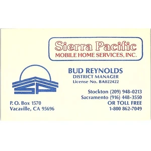 Biglietto da visita Sierra Pacific Mobile Home Services Bud Reynolds Vacaville TH2-B1 - Foto 1 di 2