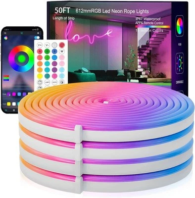 50FT RGB Neon Rope Lights IP67, Music Sync, Remote, DIY, Multi Modes - Image 1 of 4