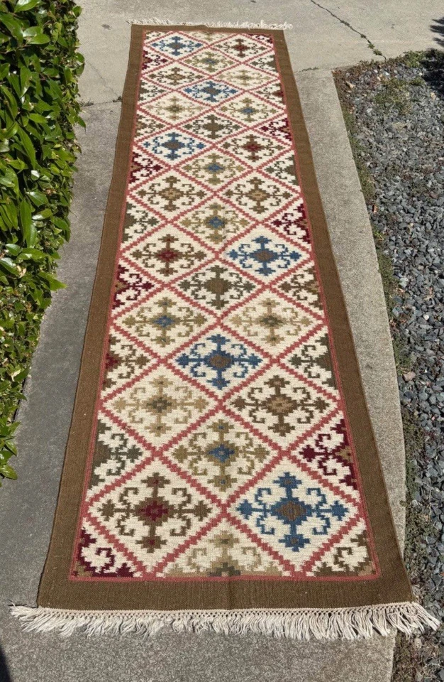 Tapete de corrida Kilim geométrico tecido à mão 29x120 multicolorido tapete de lã azul vermelho - Imagem 1 de 1