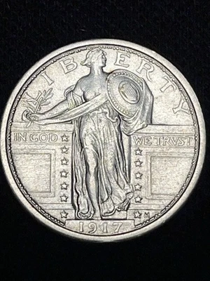 Cuarto de dólar de plata Standing Liberty 1917-P tipo 1, 25C, AU, pecho desnudo Foto 1 de 4