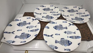 Sigrid Olsen White Blue modern fish MELAMINE dinner Plates Set Of 4 10.5 - Picture 1 of 11
