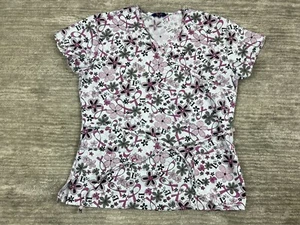 Zikit Scrub Top Womens Medium Pink Ribbons Floral Vneck Pockets Uniform - Picture 1 of 11
