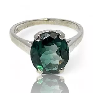10k White Gold Lab Created Oval Bluish-Green Spinel Ring Size 7.5 (KS1017967) - Picture 1 of 6