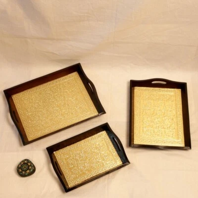 Wooden Set Serving Brass Tray Beautiful Inlay Work Tray, Wood Breakfast - Image 1 of 3