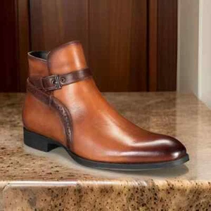 Botas de motocicleta Jodhpur de cuero de tobillo alto marrón hechas a mano para hombre - Imagen 1 de 2