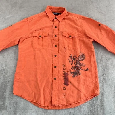 Polo Ralph Lauren Shirt Men Large Orange Linen Silk Dragon Asian Graphics Safari - Image 1 of 4