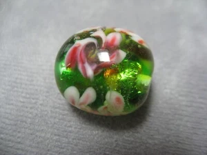Grande Perla di Vetro Americana Lampwork 18x20 Rondelle Verde con Abbellimento Rosa - Foto 1 di 5