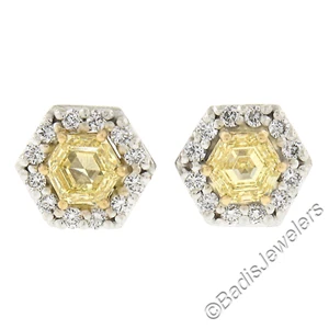 NEW 18k TT Gold 0.71ctw GIA Hexagonal Fancy Yellow Diamond w/ Halo Stud Earrings - Picture 1 of 8