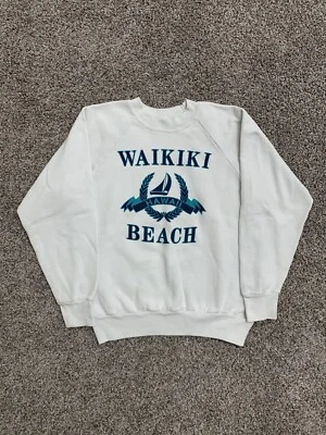 Sudadera de Playa Waikiki Vintage Talla L Blanca Años 90 Gráfico Oneita Hawaii Viaje Foto 1 de 4