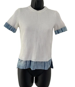 Tory Burch Ribbed Sweater Womens Size XS White Cuffed Short Sleeves & Hem - Picture 1 of 11