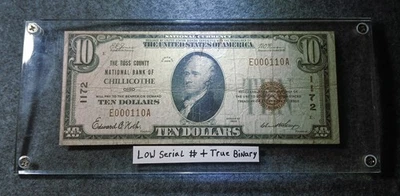 1929 $10 Ross County Bank Note Chillicothe Ohio Fancy Low Serial # + True Binary - Image 1 of 4