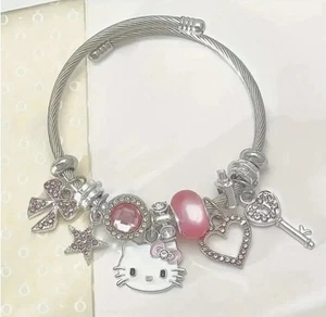 Sanrio Silver Hello Kitty Pink Bangle Multiple Charm Fashion Bohemian Bracelet - Picture 1 of 5