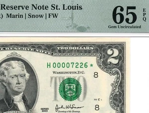 2003* $2 St Louis STAR Federal Reserve Note 1937-H* Low Serial "7226" PMG 65 EPQ - Picture 1 of 3