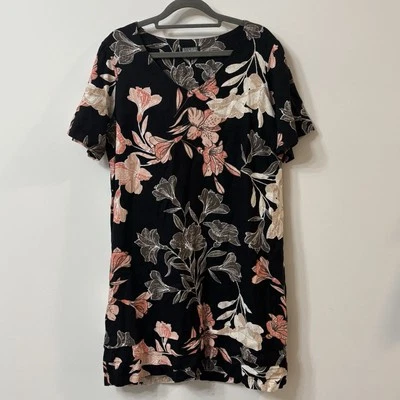 Vestido Vaina NICOLE MILLER L Mujer Negro Rosa Floral Mezcla Lino Usado en Excelente Condición Foto 1 de 4