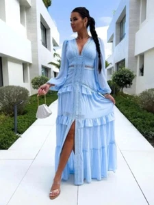HOT V-neck Long Sleeves Maxi Dress Elegant Ruffles Lace Slim Dresses Party Robes - Picture 1 of 29