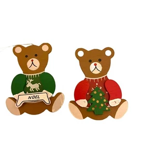 #3868 Two wood Noel bear Christmas ornaments 3 X 2.5 - Picture 1 of 7