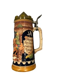 VINTAGE WEST GERMANY GERZ CASTLE BEER STEIN EXCELLENT 9" TALL PEWTER HINGE GOOD - Picture 1 of 6