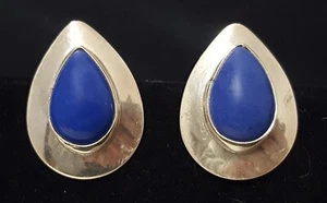 Vtg SW Sterling Silver Tear Drop Blue Stone Earrings Posts Handmade Signed 1" L - Picture 1 of 17