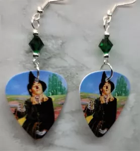 The Wizard of Oz Scarecrow Guitar Pick Earrings with Green Swarovski Crystals - Picture 1 of 3