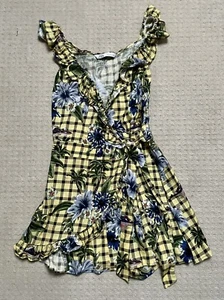 Zara Size S UK 10 Yellow & Black Check Floral Playsuit Wrapover Jumpsuit Beach - Picture 1 of 10