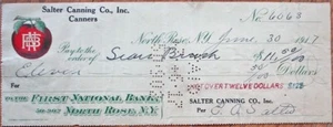 North Rose, NY 1917 Color Bank Check: Salter Canning Company - New York - Picture 1 of 1
