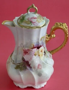 Antique Limoges Porcelain France Chocolate Coffee Pot Pink ROSES Gold Gilt - Picture 1 of 10