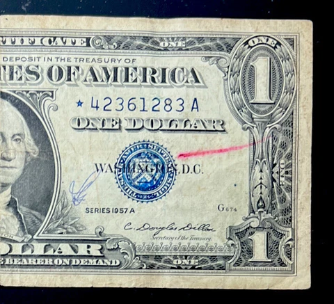 1957A $1 *STAR* SILVER CERTIFICATE NOTE/ REJECTION MARK ERROR-FINE Cover