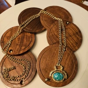 Antique Vintage Gold Victorian Revival Spinner Fob Necklace 36" Green Cabochon - Picture 1 of 5