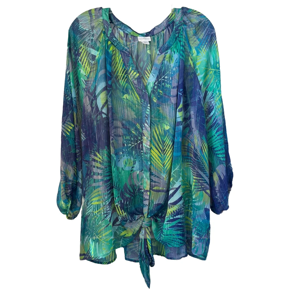 Camiseta de corbata JACLYN SMITH talla 3X hojas de palma volantes transparentes manga 3/4 abotonada Foto 1 de 4
