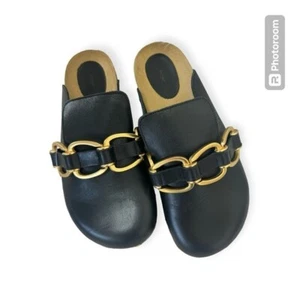 NEW Maje Fran Black Gold Polished Chain Link Studded Leather Mules 36 US 5.5 - Picture 1 of 8