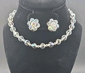 Vintage Estate AB Stone Faceted Crystal Beaded Collar Necklace & Clip Earrings - Picture 1 of 6