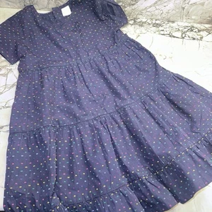 Hanna Andersson Girls 8 130 Navy Rainbow Dot Short Sleeve Cotton Dress Tiered - Picture 1 of 3
