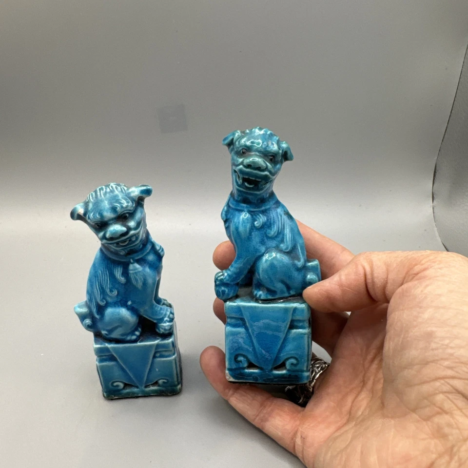 Vintage Pair Chinese Foo Dog Porcelain Mantle Statue Turquoise Ceramic 11cm - Image 1 of 4