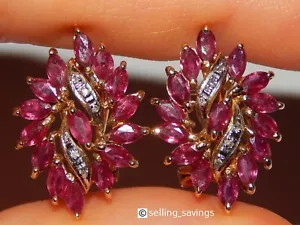 14K YELLOW GOLD 1.80 TCW RUBY & DIAMOND FLORAL 8/10th INCH OMEGA BACK EARRINGS - Picture 1 of 9