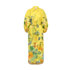 Alemais Cresida Shirt Dress Womens 16 12 Yellow Green Floral Print Linen Midi - Picture 1 of 11