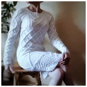 White Knitted Hand Wool Dress Braids Handmade Angora Long Sweater Raglan Tunic - Picture 1 of 12