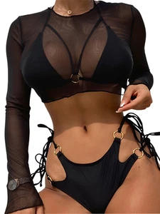 Badeanzug Damen Netz Transparent Langarm Dreiteilig Bademode Bikini Set Weiblich - Bild 1 von 10