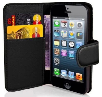 Funda tipo billetera de libro de cuero real abatible para Apple iPhone 4 Foto 1 de 3