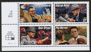 US USA Sc# 3146a MNH FVF PL# BLOCK w Top Football Bryant Lombardi Halas - Picture 1 of 1