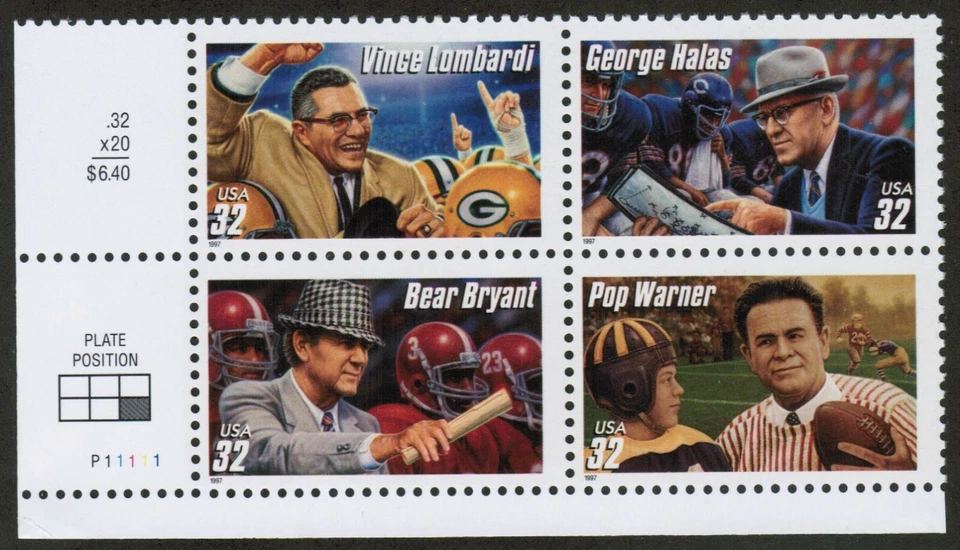 US USA Sc# 3146a MNH FVF PL# BLOCK w Top Football Bryant Lombardi Halas - Image 1 of 1