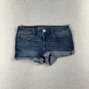 American Eagle X4 pantaloncino donna taglia 6 (28) blu vita bassa shortie 360 super elasticizzato - Foto 1 di 9
