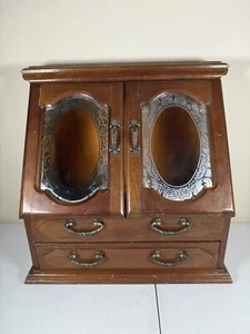 Vintage Holz Schmuckkästchen Schrank Truhe mit geätztem Glas Schwingtür Halsketten Ringe - Bild 1 von 15